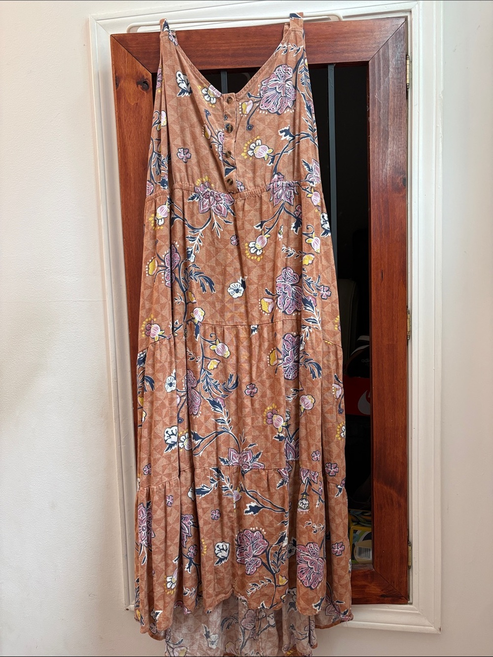 Sonoma Linen Blend Tan Floral Print Sundress 3X Boho Vacation Comfy